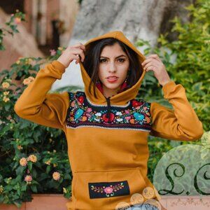 Le Catrina Mustard Color Mexican Style Hoodie Sudadera Hand Embroider Detail XXL